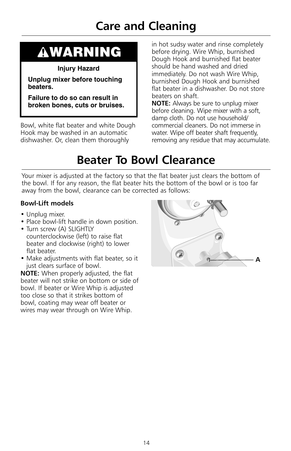 Warning, Care and cleaning, Beater to bowl clearance | KITCHENAID KSMc50 User Manual | Page 16 / 70