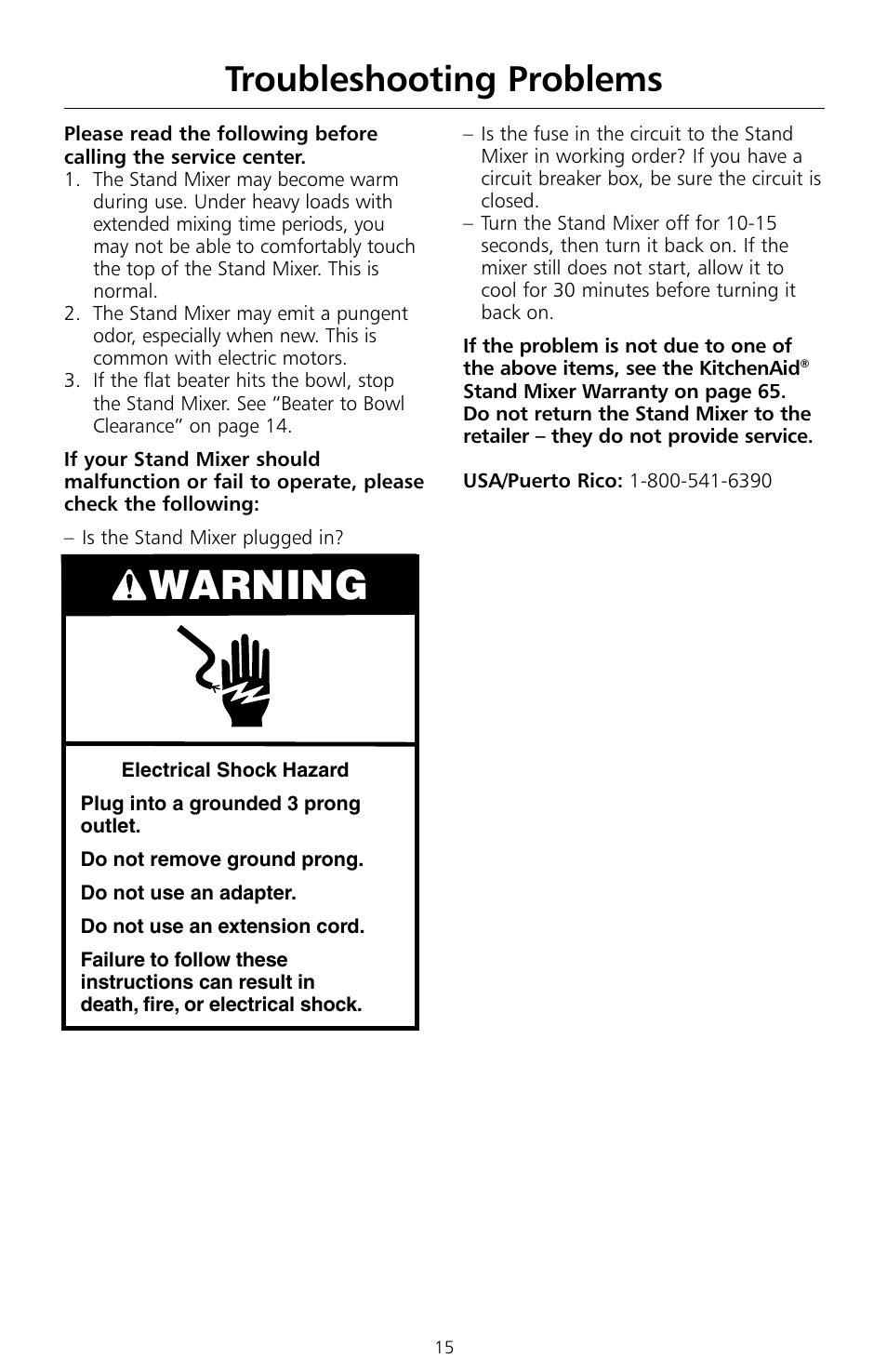 Warning, Troubleshooting problems | KITCHENAID KSMc50 User Manual | Page 17 / 70