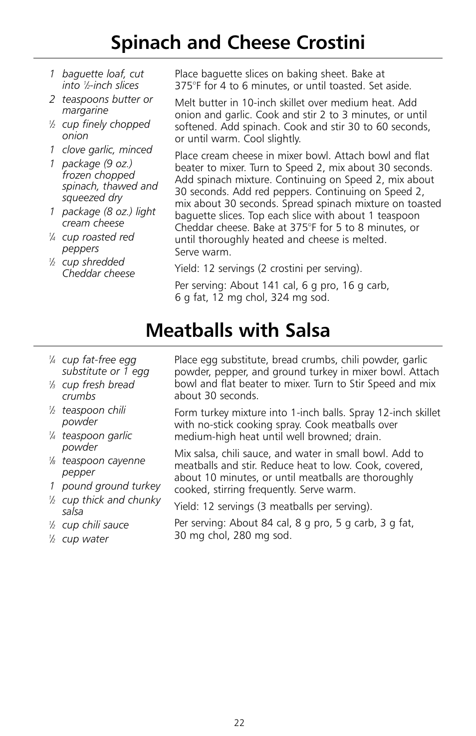 Spinach and cheese crostini meatballs with salsa | KITCHENAID KSMc50 User Manual | Page 24 / 70