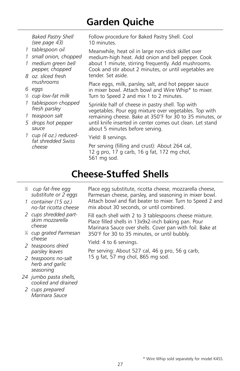 Garden quiche, Cheese-stuffed shells | KITCHENAID KSMc50 User Manual | Page 29 / 70