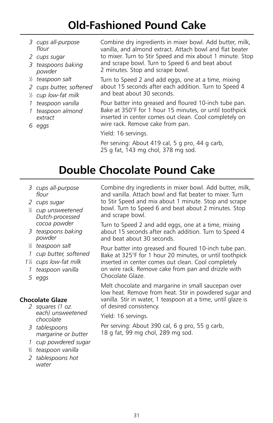 Double chocolate pound cake, Old-fashioned pound cake | KITCHENAID KSMc50 User Manual | Page 33 / 70