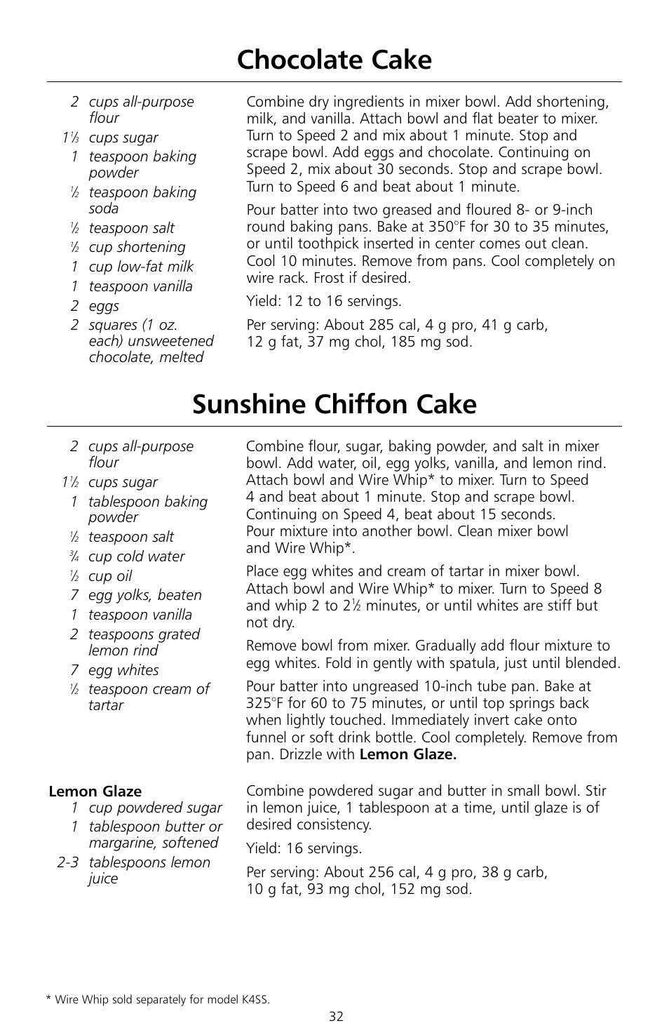 Sunshine chiffon cake, Chocolate cake | KITCHENAID KSMc50 User Manual | Page 34 / 70