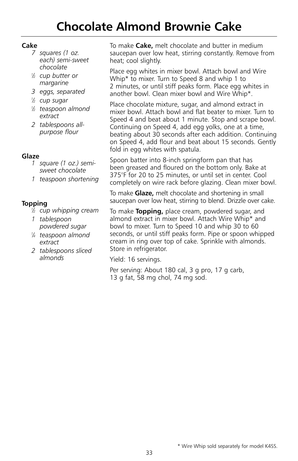 Chocolate almond brownie cake | KITCHENAID KSMc50 User Manual | Page 35 / 70