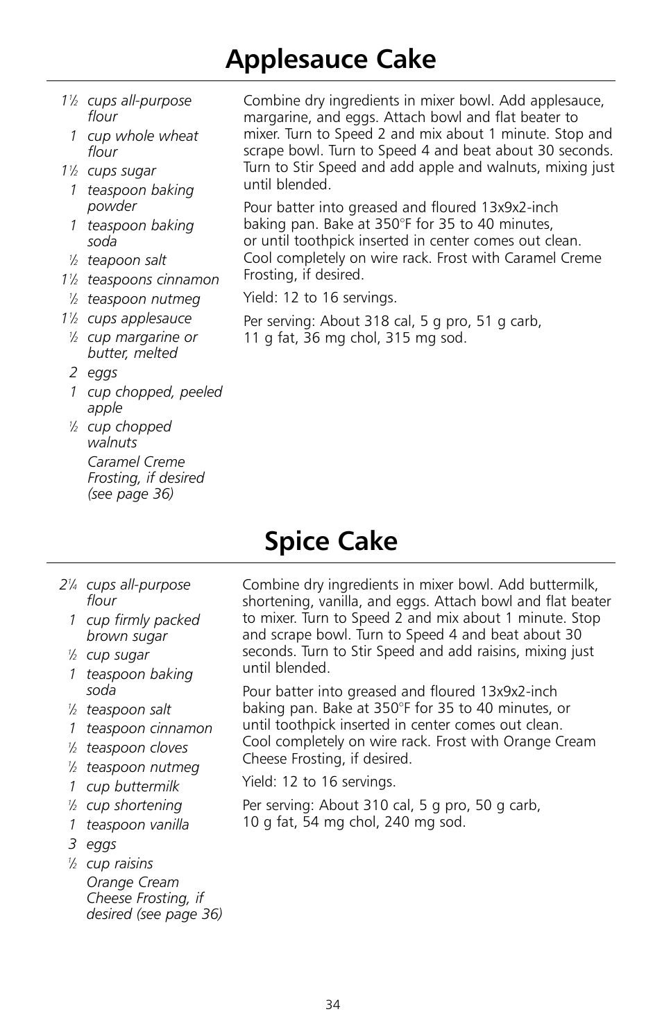 Applesauce cake, Spice cake | KITCHENAID KSMc50 User Manual | Page 36 / 70