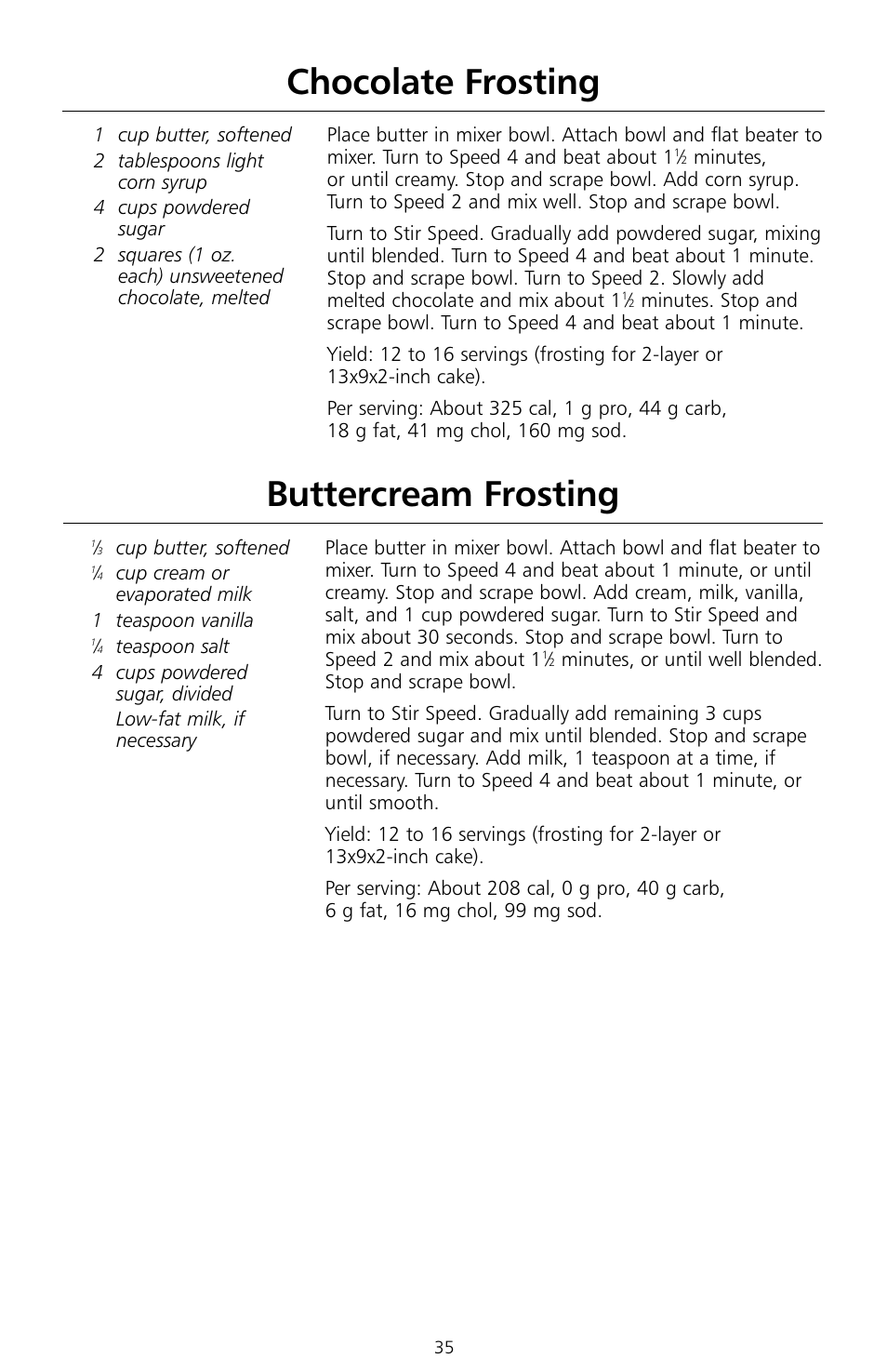 Buttercream frosting, Chocolate frosting | KITCHENAID KSMc50 User Manual | Page 37 / 70