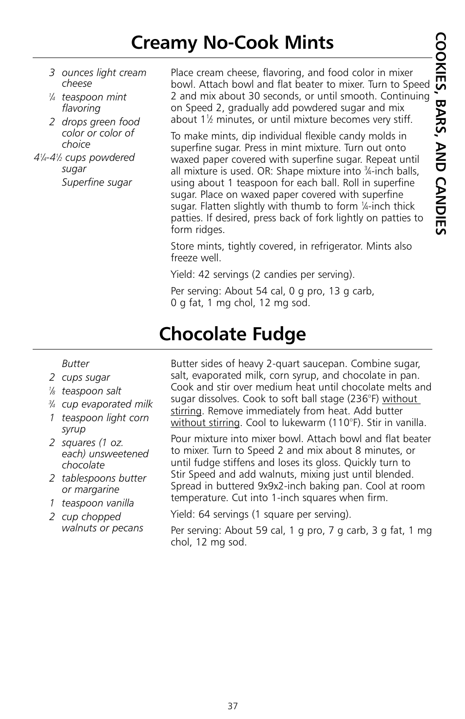 Chocolate fudge, Creamy no-cook mints, Coo k ie s, ba r s, and c and ie s | KITCHENAID KSMc50 User Manual | Page 39 / 70