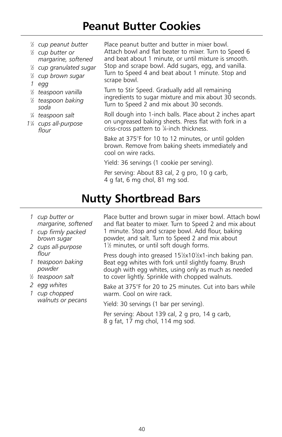Peanut butter cookies, Nutty shortbread bars | KITCHENAID KSMc50 User Manual | Page 42 / 70