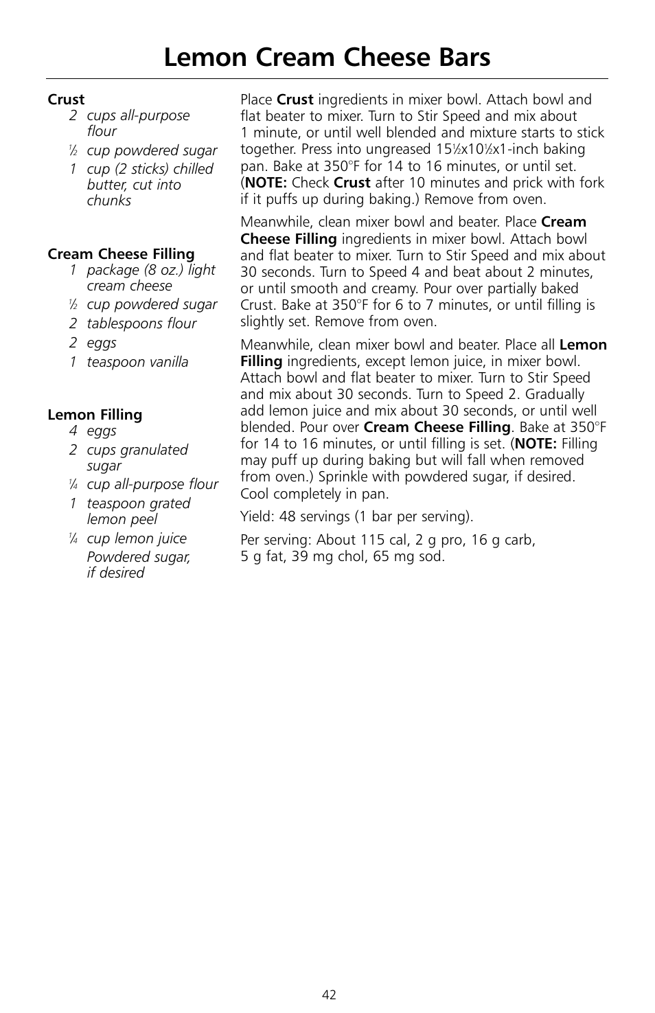 Lemon cream cheese bars | KITCHENAID KSMc50 User Manual | Page 44 / 70