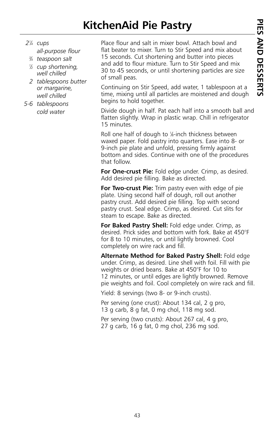 Kitchenaid pie pastry, Pie s and d es sert s | KITCHENAID KSMc50 User Manual | Page 45 / 70