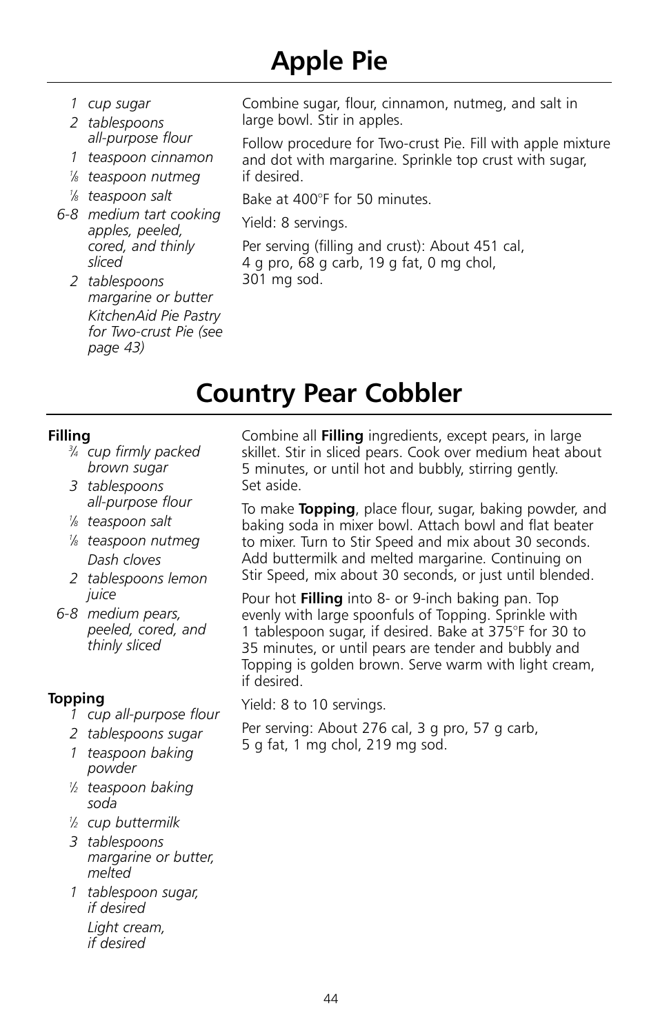 Apple pie, Country pear cobbler | KITCHENAID KSMc50 User Manual | Page 46 / 70