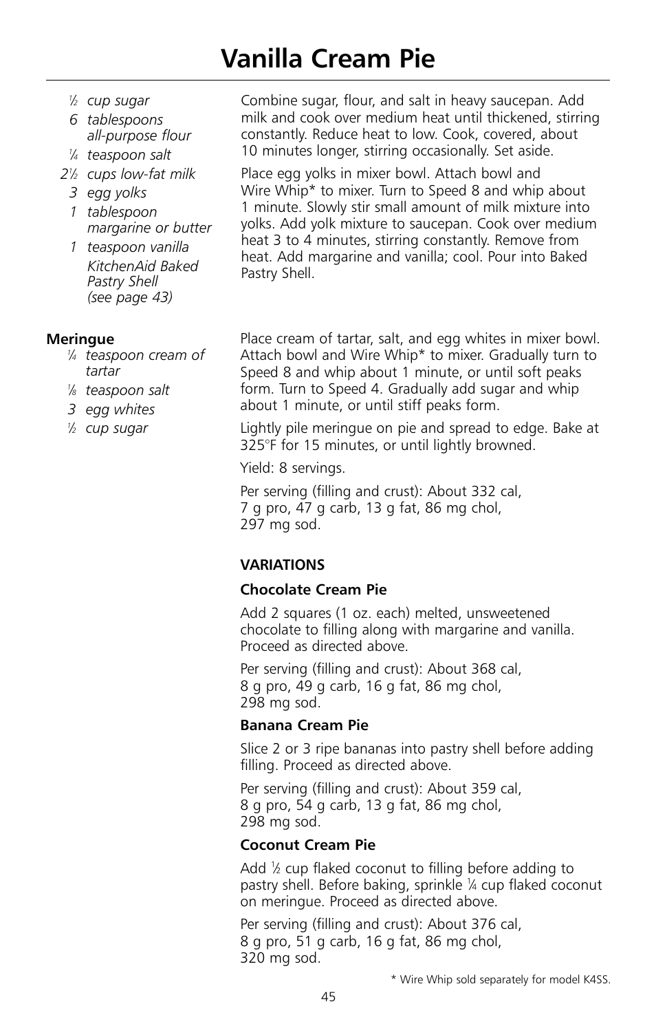 Vanilla cream pie | KITCHENAID KSMc50 User Manual | Page 47 / 70