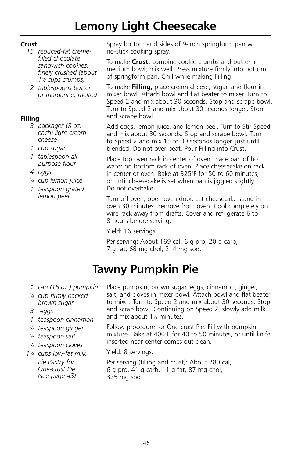 Lemony light cheesecake, Tawny pumpkin pie | KITCHENAID KSMc50 User Manual | Page 48 / 70