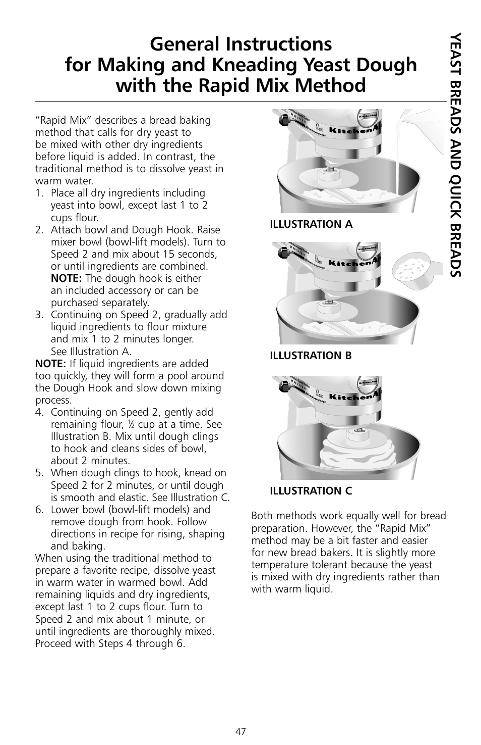 Ye as t b re ads and q uic k b re ads, Illustration a illustration b illustration c | KITCHENAID KSMc50 User Manual | Page 49 / 70