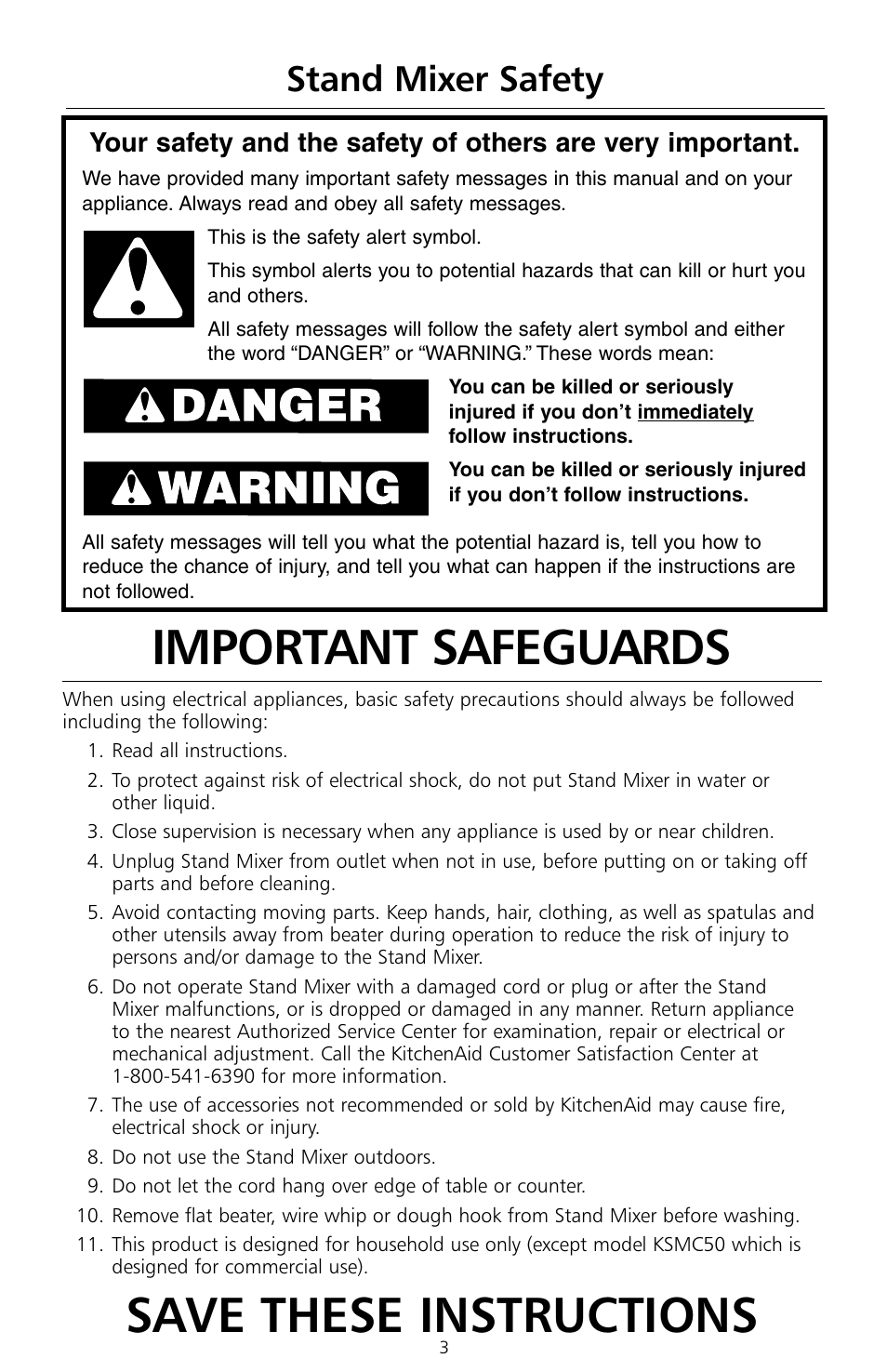 Important safeguards, Save these instructions, Stand mixer safety | KITCHENAID KSMc50 User Manual | Page 5 / 70