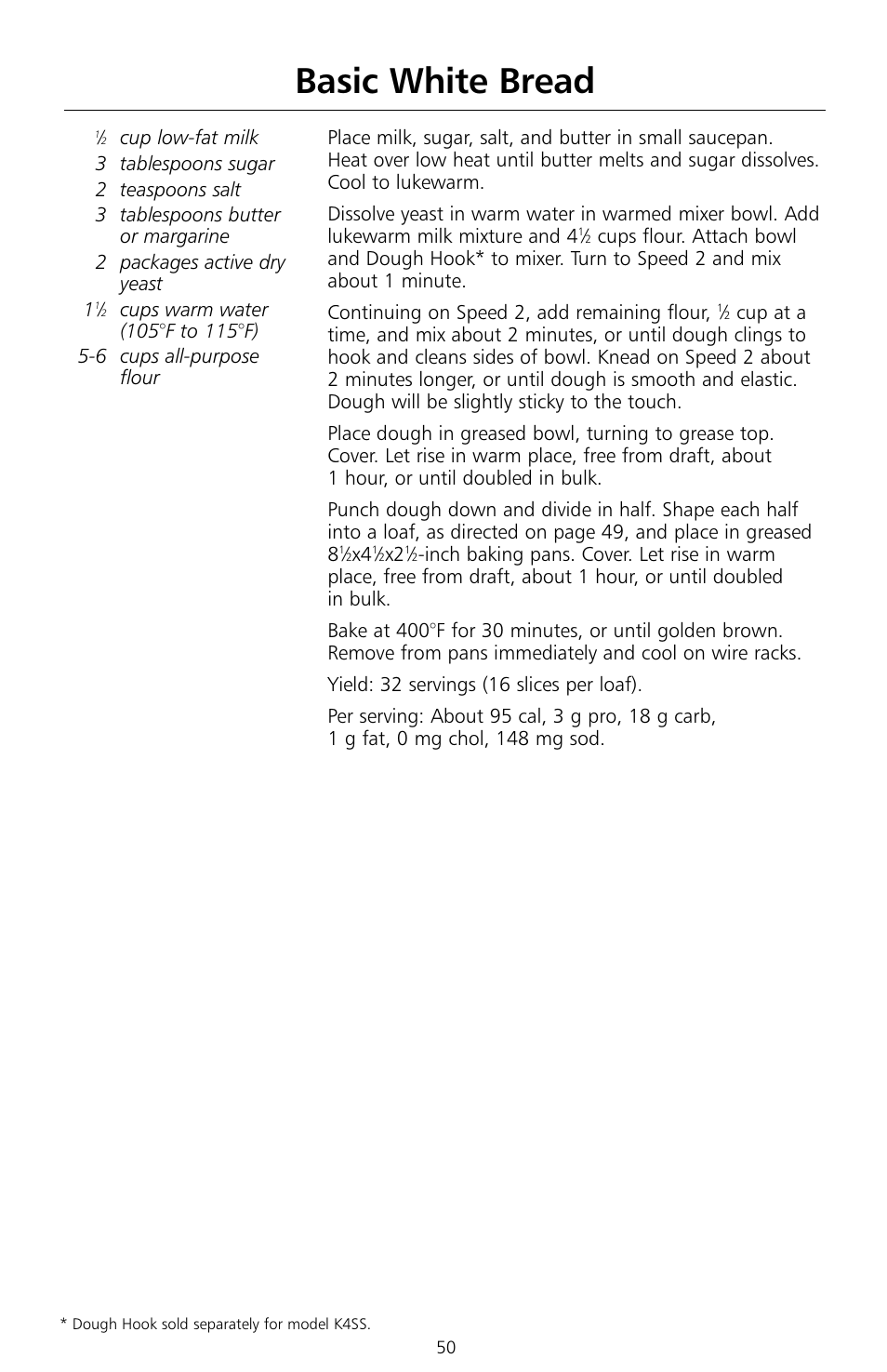 Basic white bread | KITCHENAID KSMc50 User Manual | Page 52 / 70