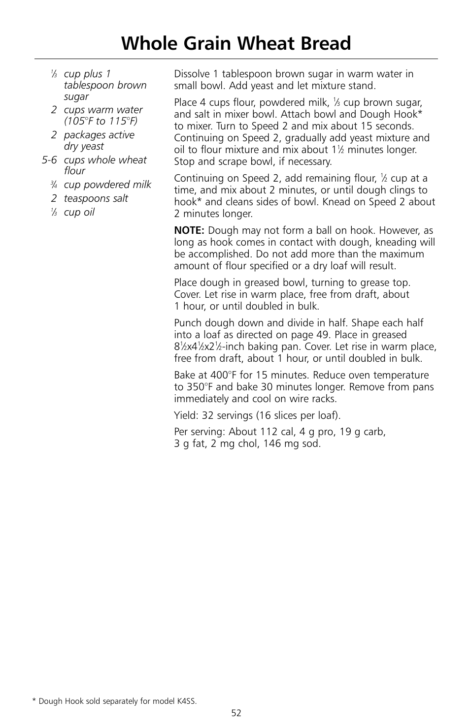 Whole grain wheat bread | KITCHENAID KSMc50 User Manual | Page 54 / 70