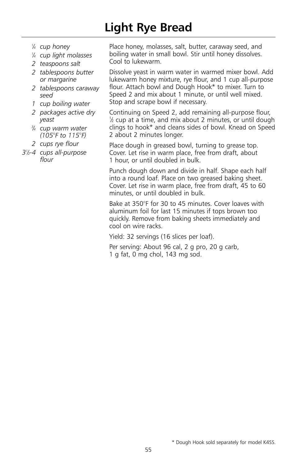 Light rye bread | KITCHENAID KSMc50 User Manual | Page 57 / 70