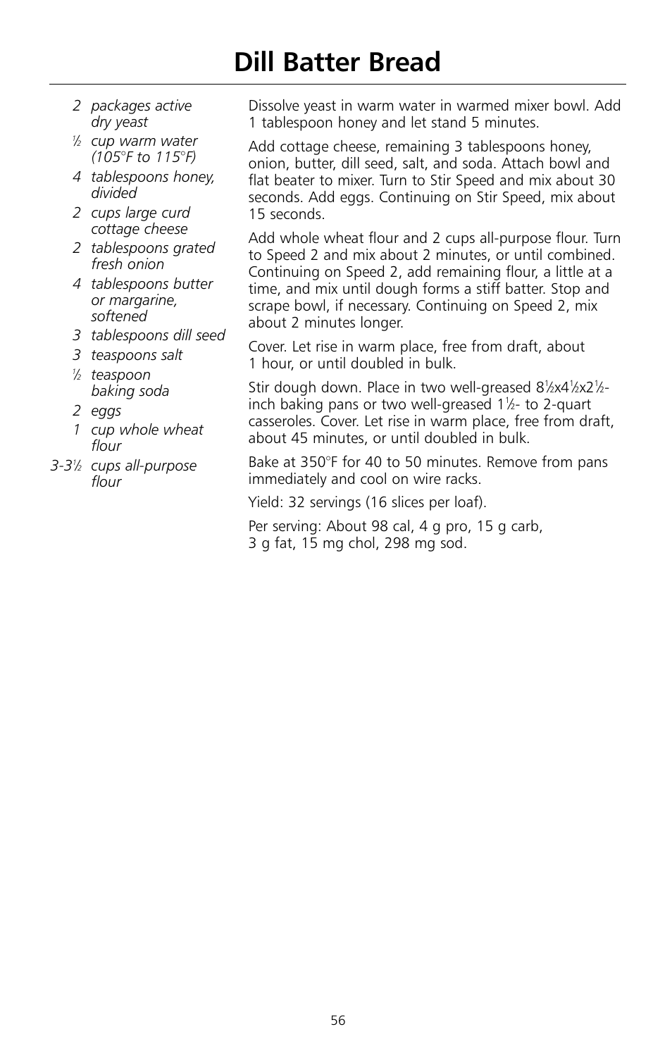 Dill batter bread | KITCHENAID KSMc50 User Manual | Page 58 / 70