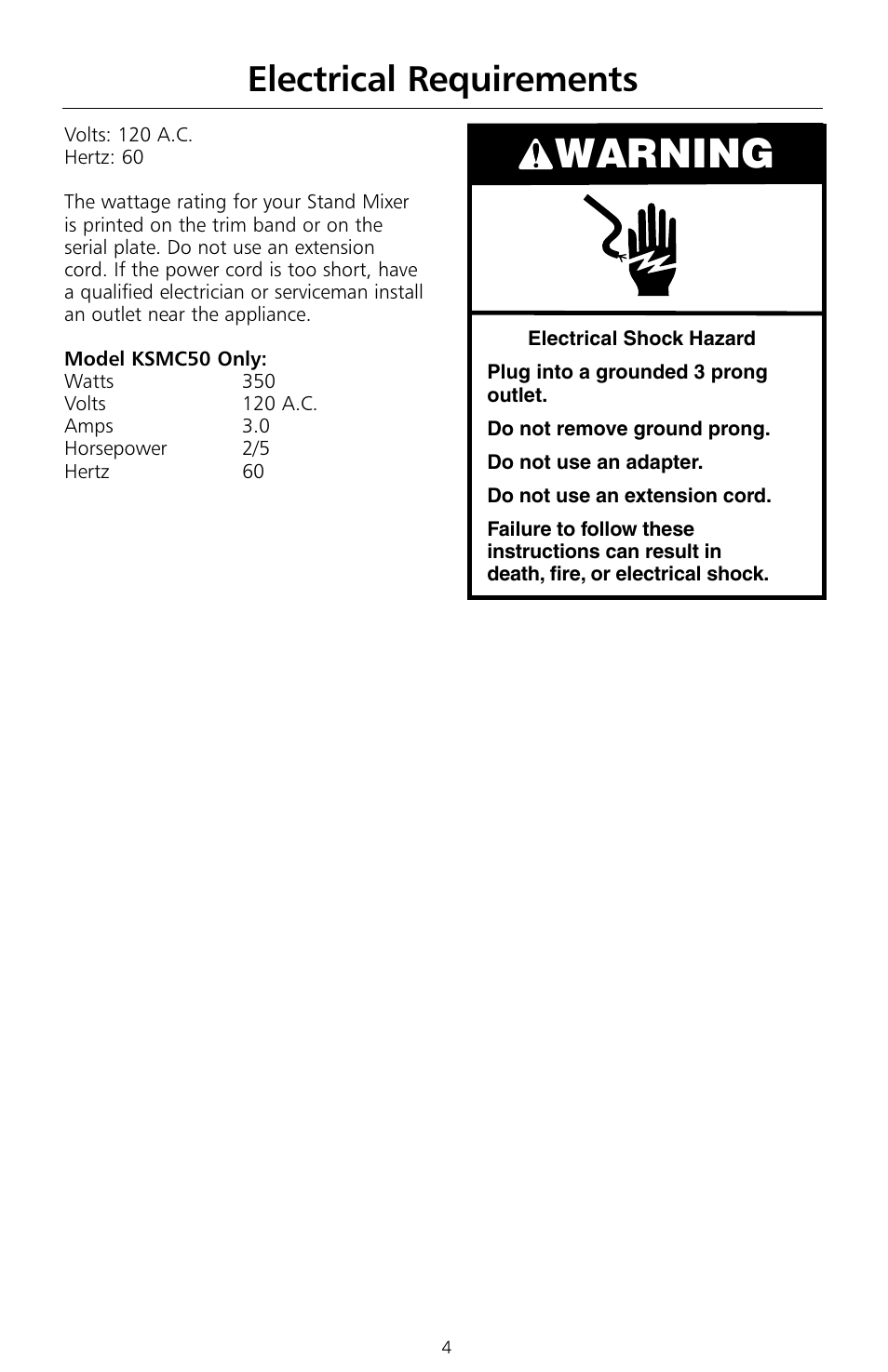 Warning, Electrical requirements | KITCHENAID KSMc50 User Manual | Page 6 / 70