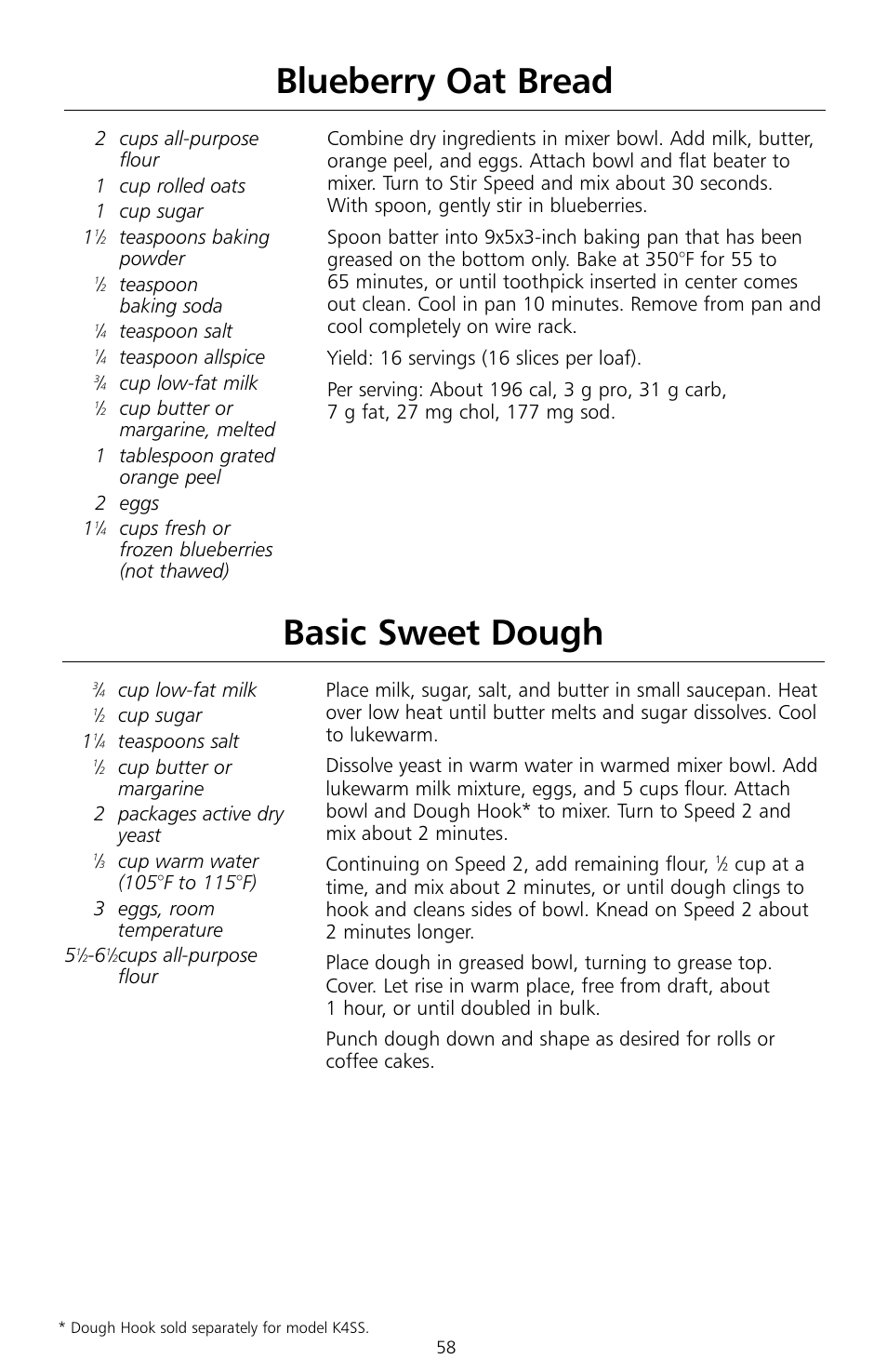 Basic sweet dough, Blueberry oat bread | KITCHENAID KSMc50 User Manual | Page 60 / 70