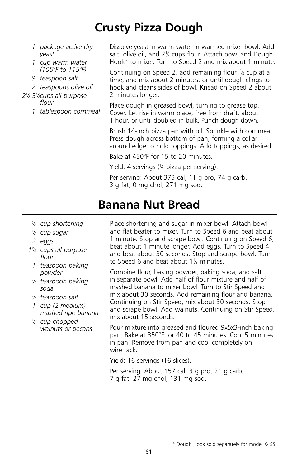 Banana nut bread, Crusty pizza dough | KITCHENAID KSMc50 User Manual | Page 63 / 70