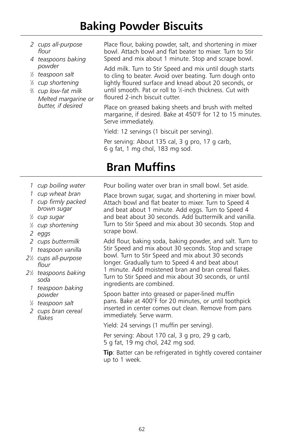 Baking powder biscuits, Bran muffins | KITCHENAID KSMc50 User Manual | Page 64 / 70