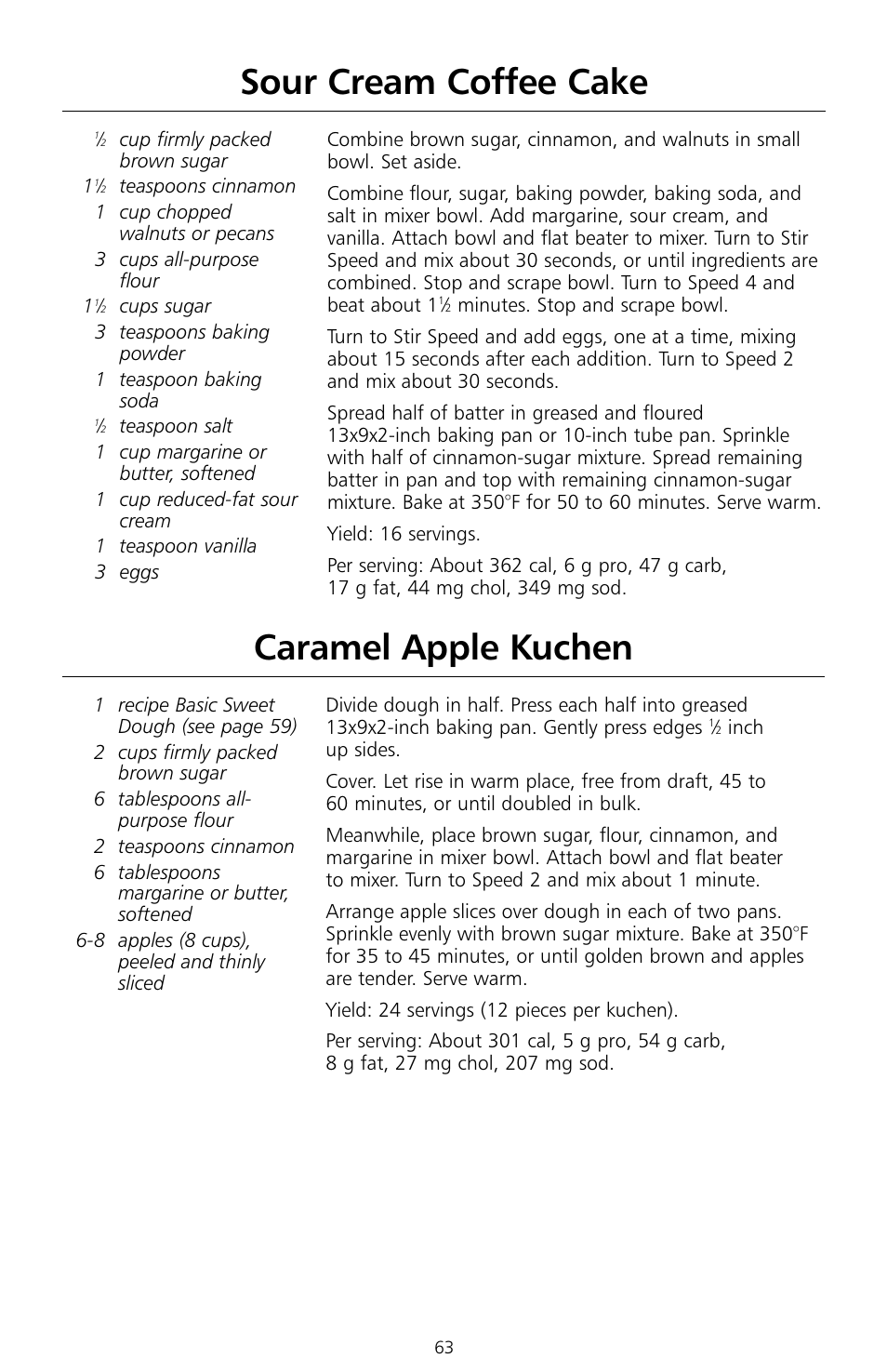 Sour cream coffee cake, Caramel apple kuchen | KITCHENAID KSMc50 User Manual | Page 65 / 70