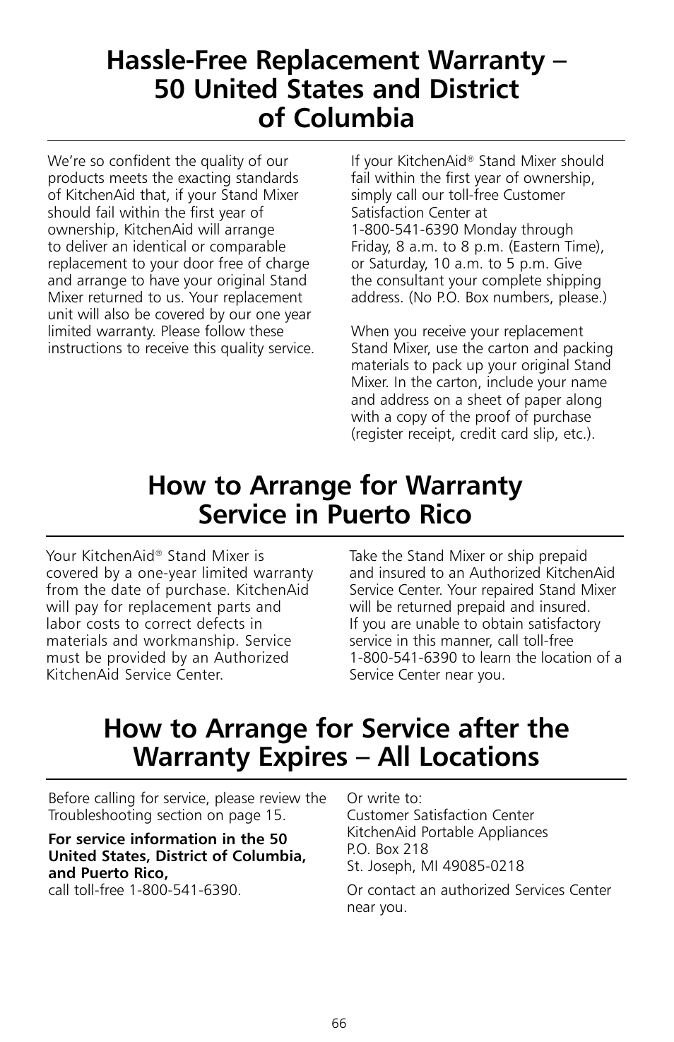 How to arrange for warranty service in puerto rico | KITCHENAID KSMc50 User Manual | Page 68 / 70