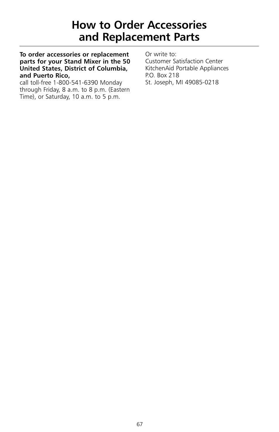 How to order accessories and replacement parts | KITCHENAID KSMc50 User Manual | Page 69 / 70