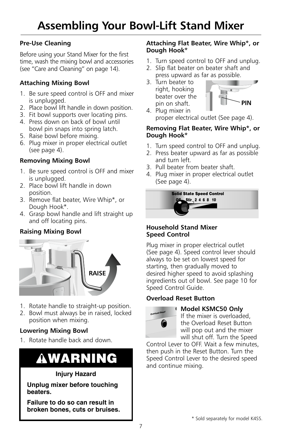 Warning, Assembling your bowl-lift stand mixer, Raise | KITCHENAID KSMc50 User Manual | Page 9 / 70