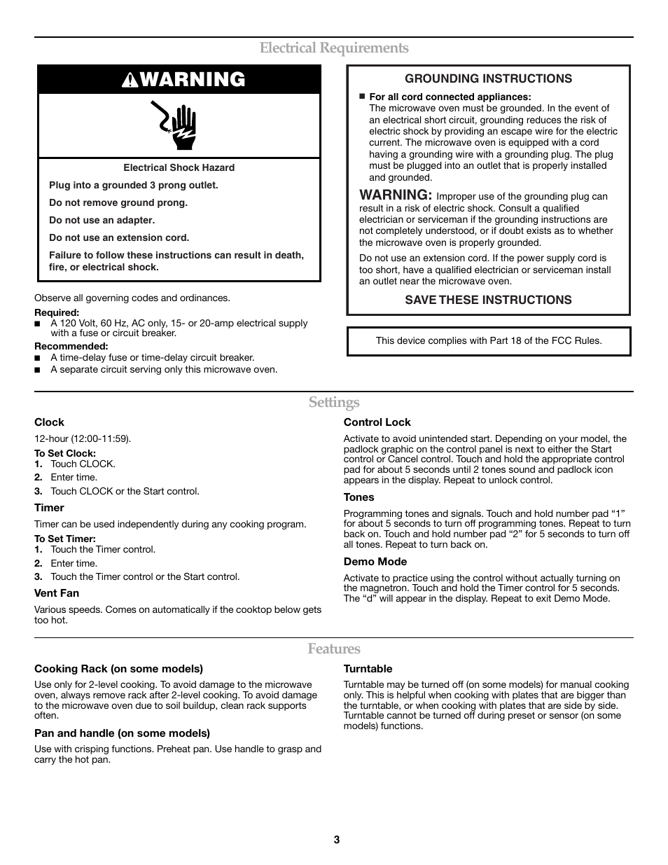Warning, Electrical requirements, Settings | Features | KITCHENAID KHMS1850SBL User Manual | Page 3 / 6