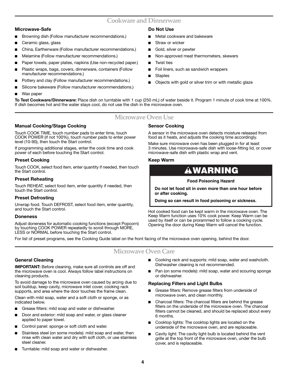 Warning, Cookware and dinnerware, Microwave oven use | Microwave oven care | KITCHENAID KHMS1850SBL User Manual | Page 4 / 6