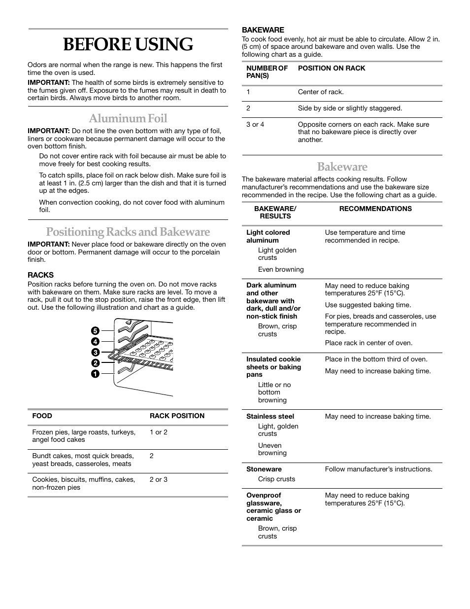 Before using, Aluminum foil, Positioning racks and bakeware | Bakeware | KITCHENAID KERC507 User Manual | Page 13 / 28