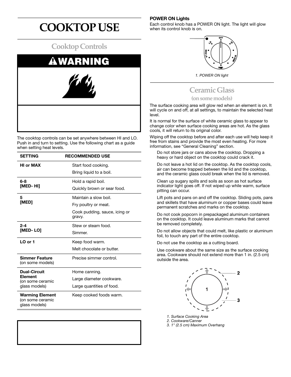 Cooktop use, Warning, Cooktop controls | Ceramic glass, On some models) | KITCHENAID KERC507 User Manual | Page 7 / 28
