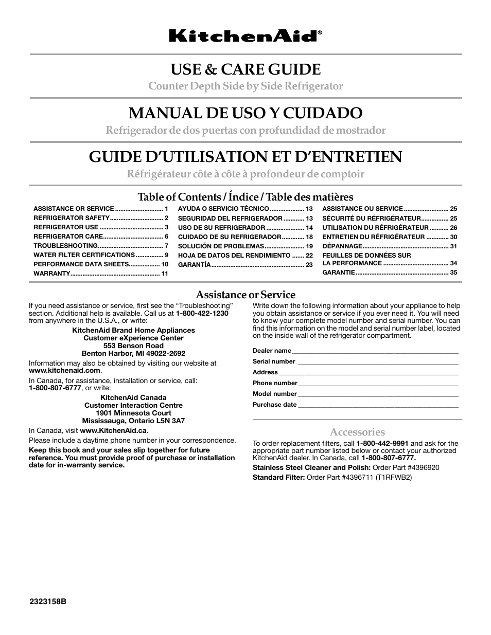 KITCHENAID COUNTER DEPTH SIDE BY SIDE REFRIGERATOR User Manual | 36 pages