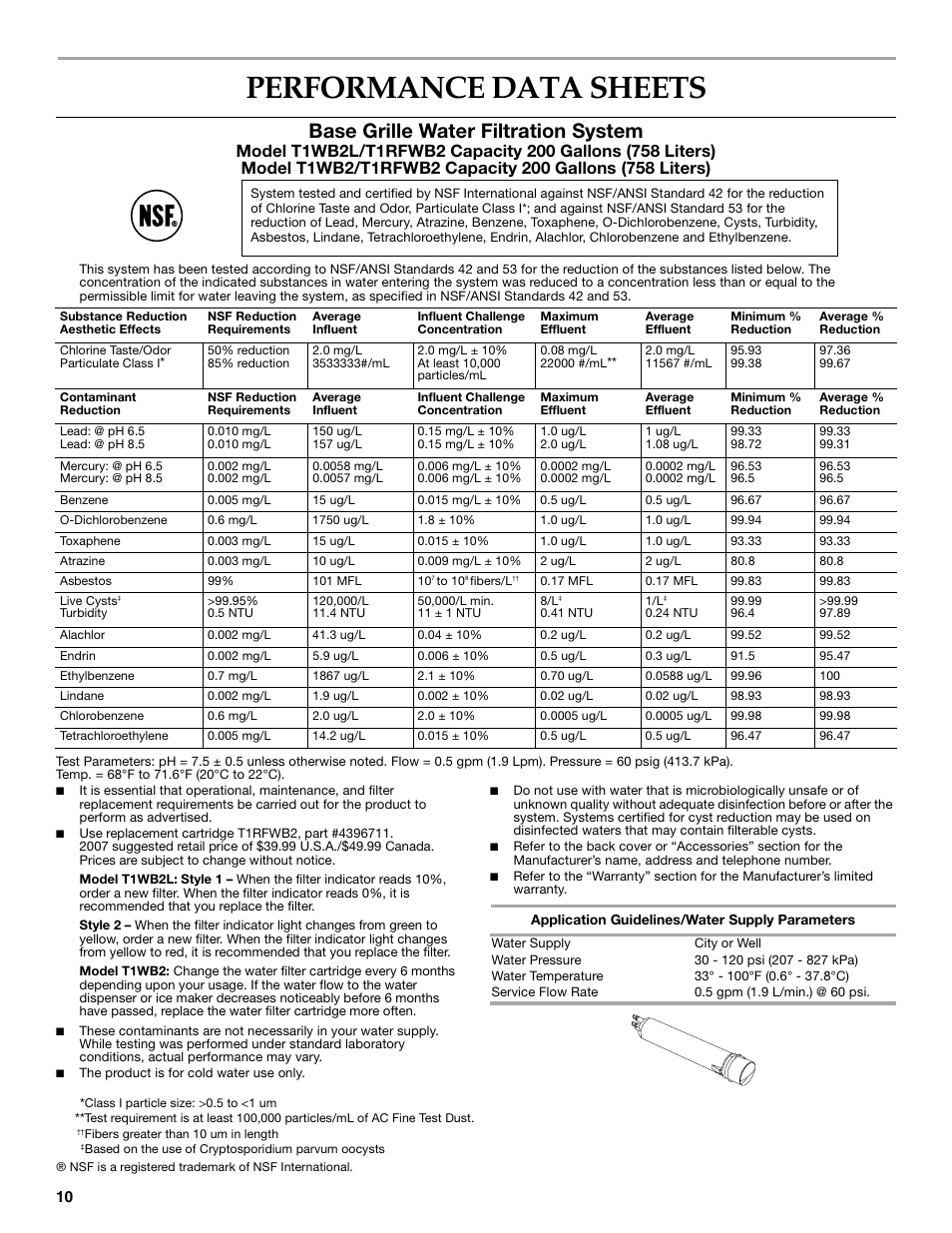 Performance data sheets, Base grille water filtration system | KITCHENAID COUNTER DEPTH SIDE BY SIDE REFRIGERATOR User Manual | Page 10 / 36