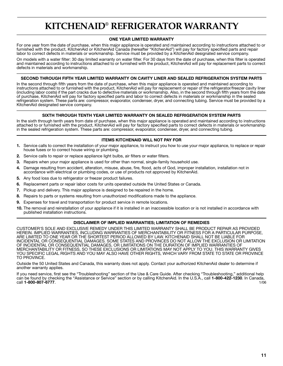 Kitchenaid, Refrigerator warranty | KITCHENAID COUNTER DEPTH SIDE BY SIDE REFRIGERATOR User Manual | Page 11 / 36