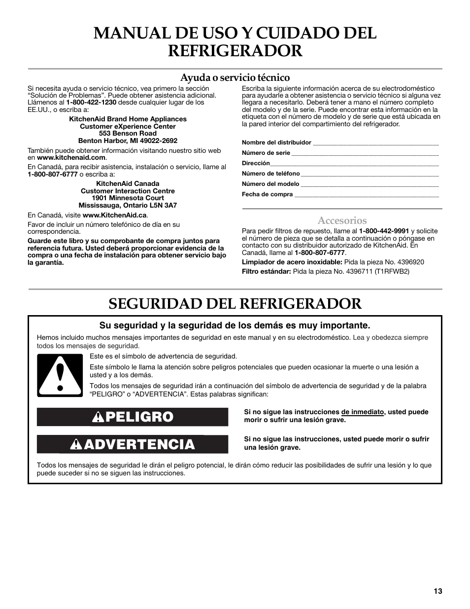 Manual de uso y cuidado del refrigerador, Seguridad del refrigerador, Advertencia peligro | Ayuda o servicio técnico, Accesorios | KITCHENAID COUNTER DEPTH SIDE BY SIDE REFRIGERATOR User Manual | Page 13 / 36