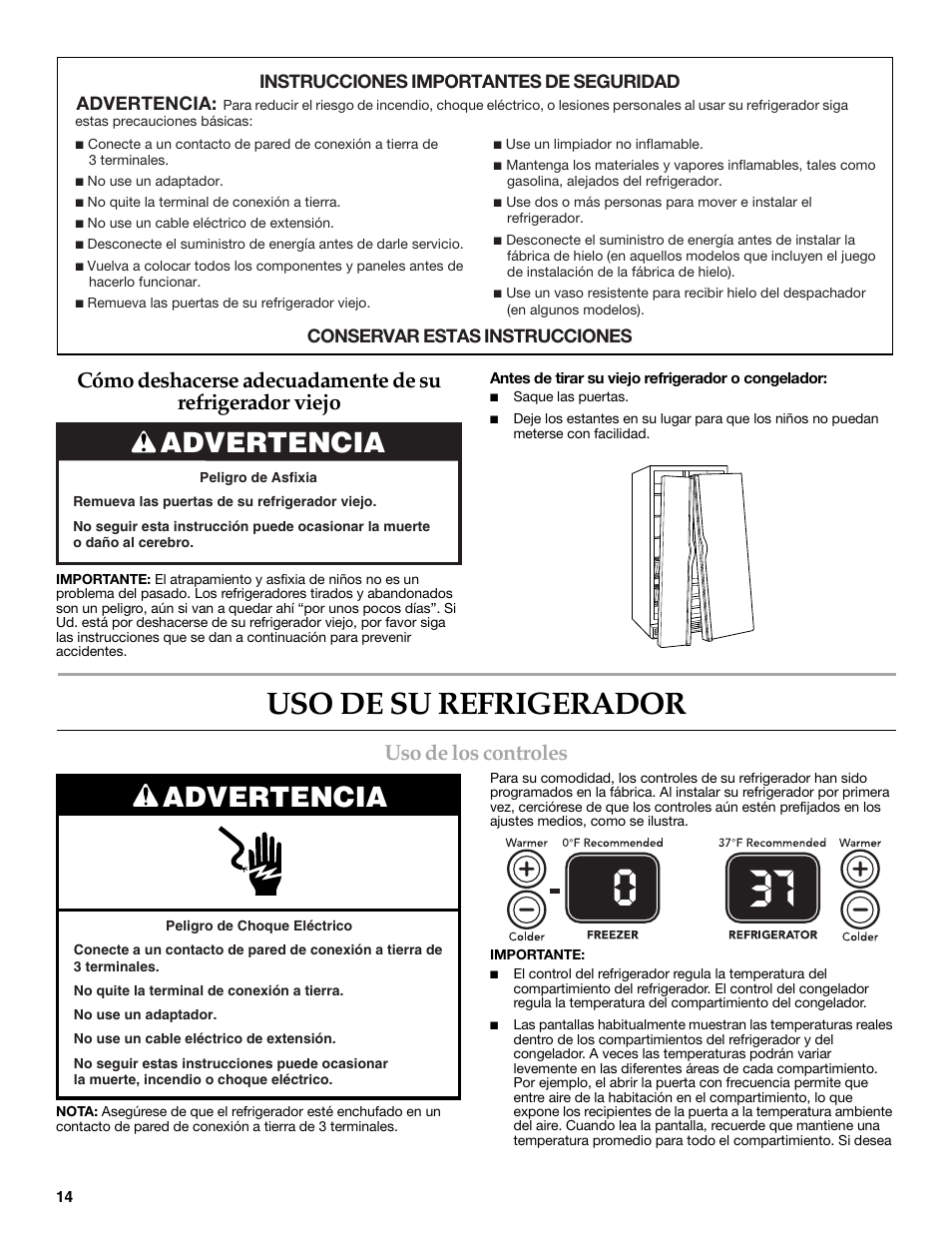 Uso de su refrigerador, Advertencia, Uso de los controles | KITCHENAID COUNTER DEPTH SIDE BY SIDE REFRIGERATOR User Manual | Page 14 / 36