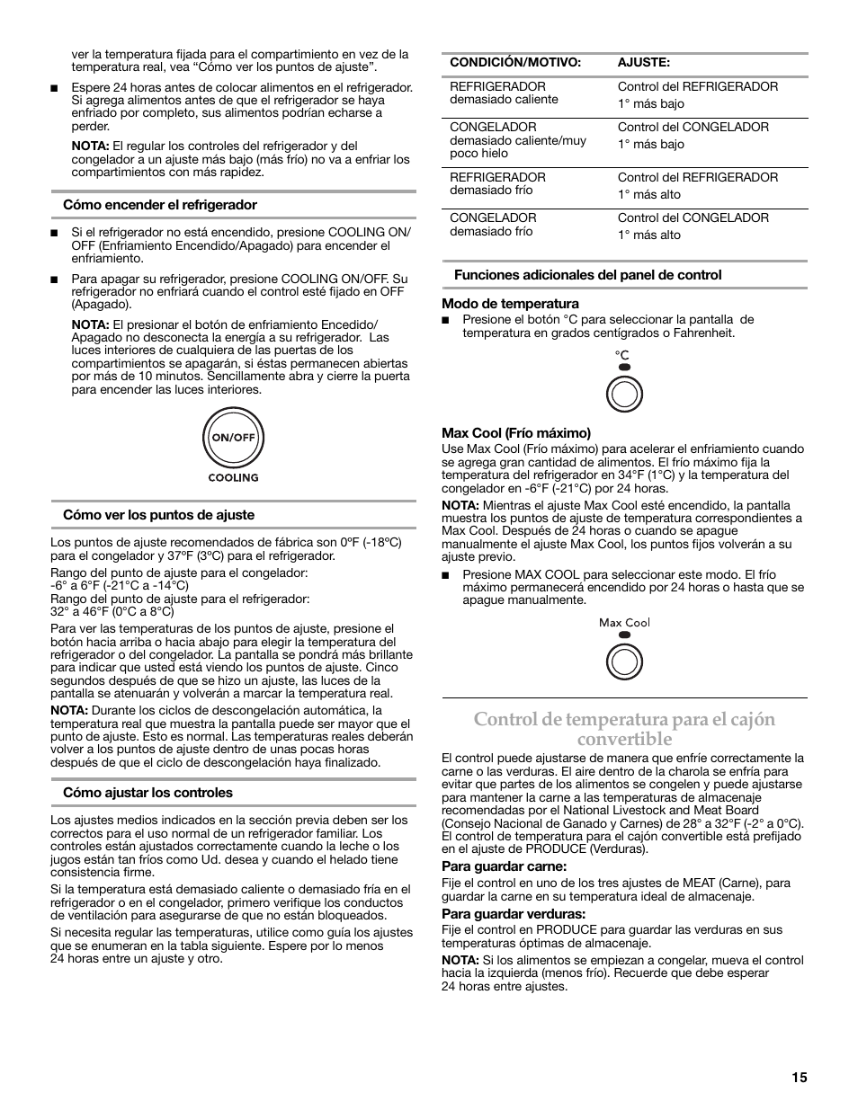 Control de temperatura para el cajón convertible | KITCHENAID COUNTER DEPTH SIDE BY SIDE REFRIGERATOR User Manual | Page 15 / 36