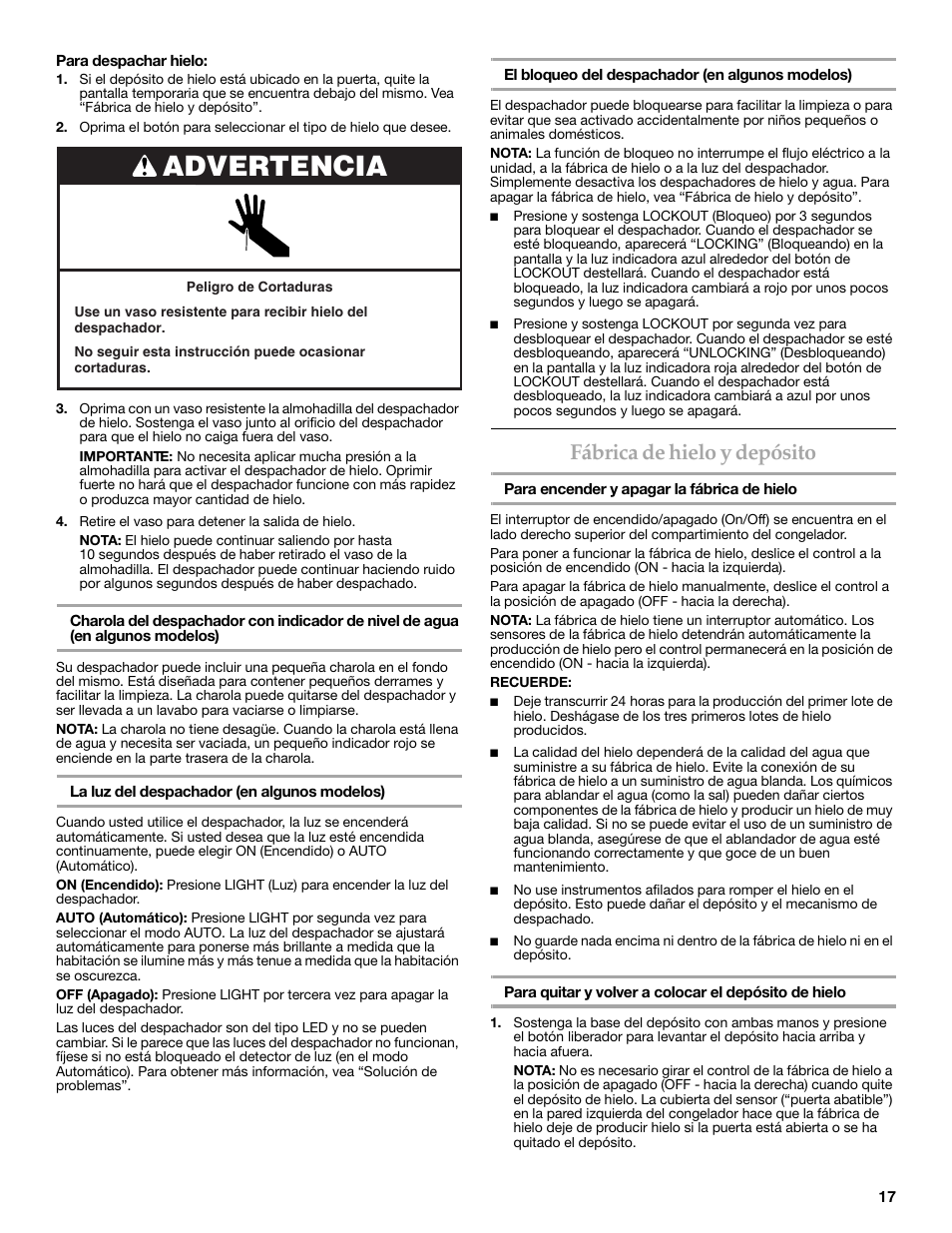 Advertencia, Fábrica de hielo y depósito | KITCHENAID COUNTER DEPTH SIDE BY SIDE REFRIGERATOR User Manual | Page 17 / 36