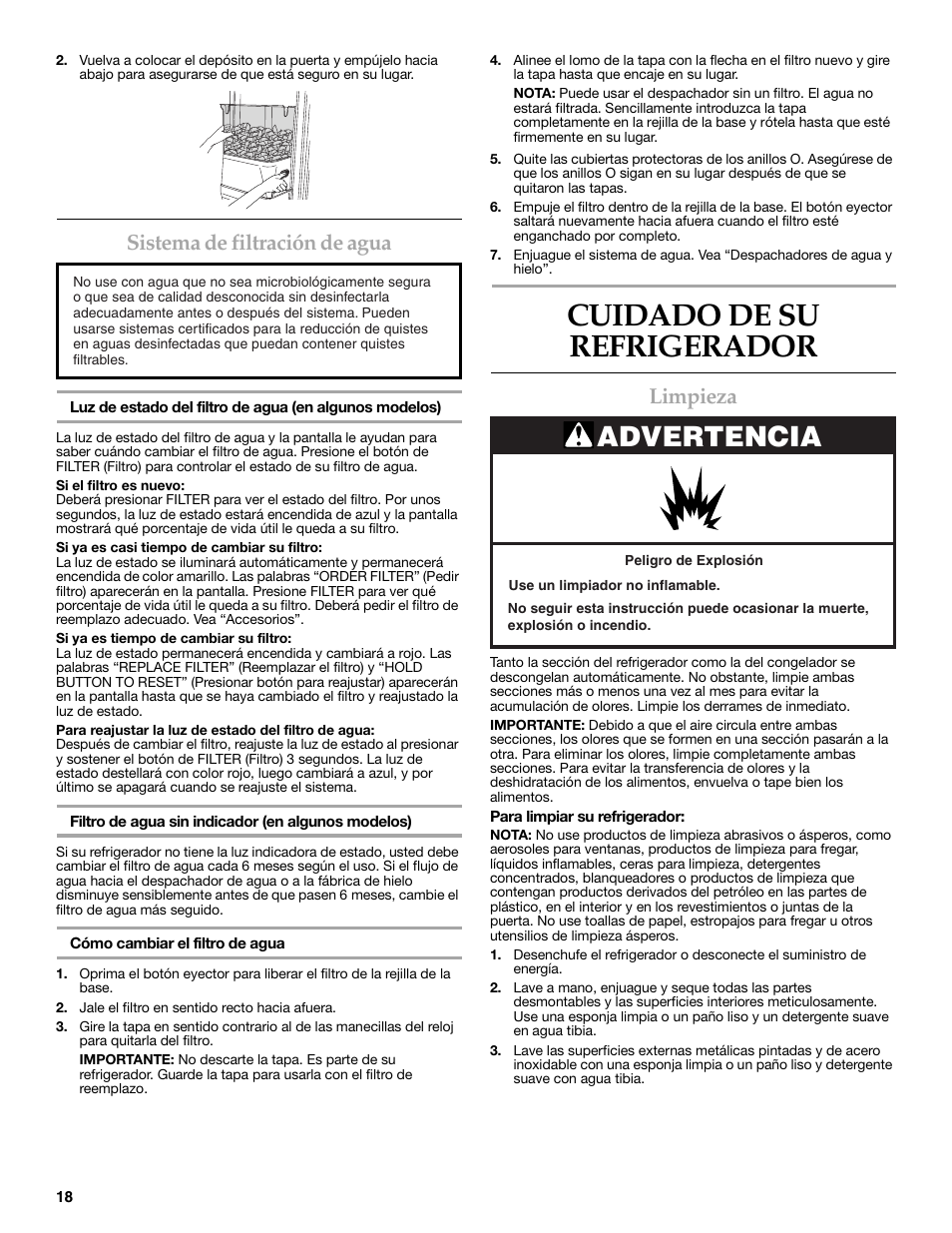 Cuidado de su refrigerador, Advertencia, Sistema de filtración de agua | Limpieza | KITCHENAID COUNTER DEPTH SIDE BY SIDE REFRIGERATOR User Manual | Page 18 / 36