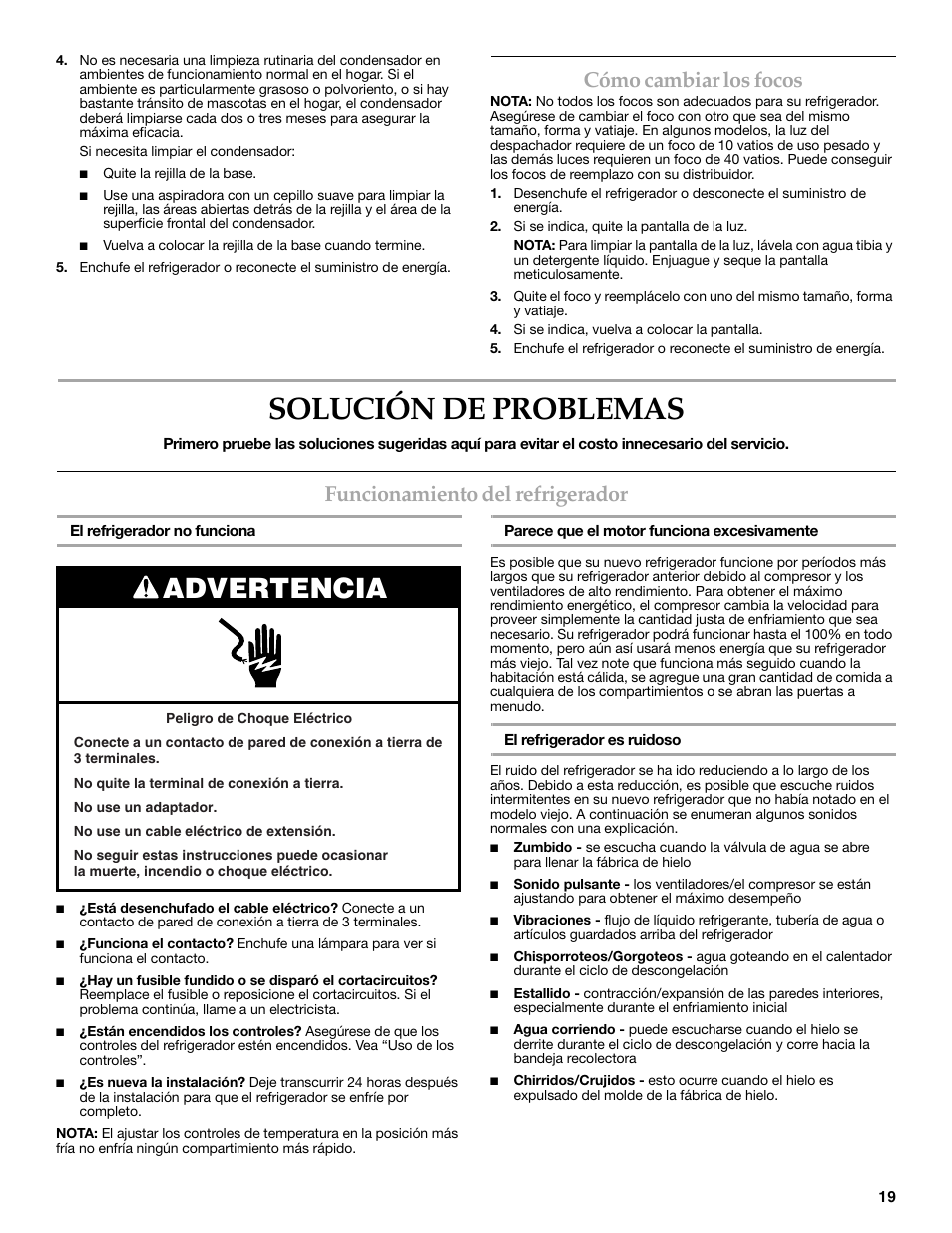 Solución de problemas, Advertencia, Cómo cambiar los focos | Funcionamiento del refrigerador | KITCHENAID COUNTER DEPTH SIDE BY SIDE REFRIGERATOR User Manual | Page 19 / 36