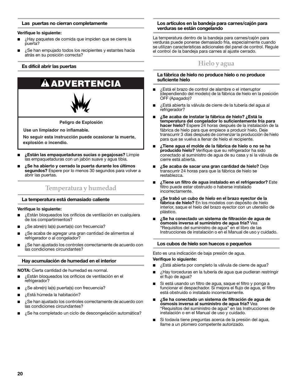 Advertencia, Temperatura y humedad, Hielo y agua | KITCHENAID COUNTER DEPTH SIDE BY SIDE REFRIGERATOR User Manual | Page 20 / 36