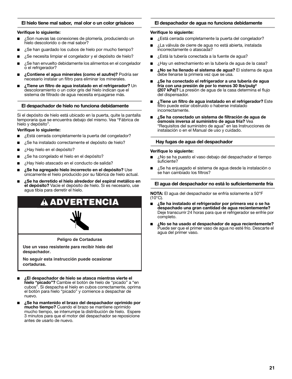 Advertencia | KITCHENAID COUNTER DEPTH SIDE BY SIDE REFRIGERATOR User Manual | Page 21 / 36