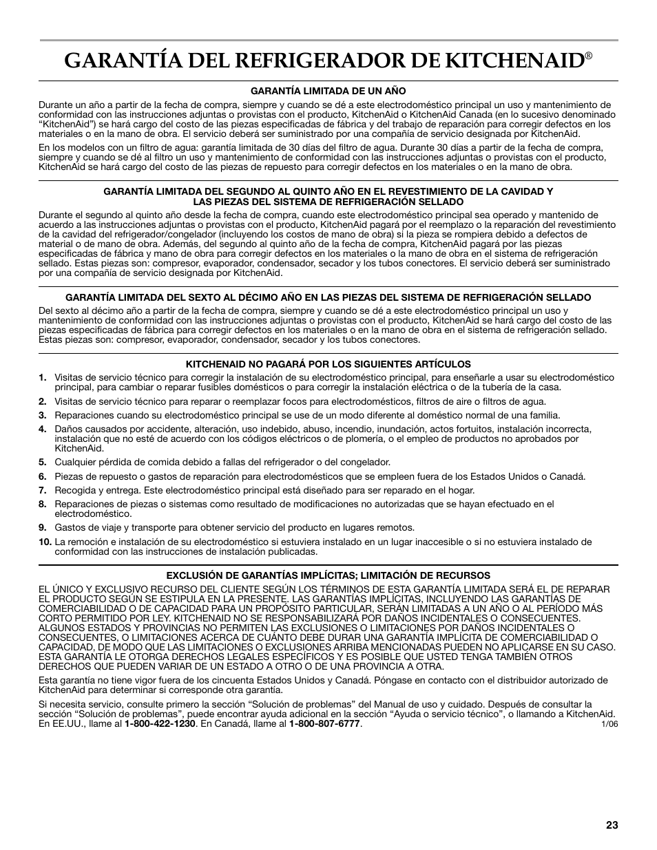 Garantía del refrigerador de kitchenaid | KITCHENAID COUNTER DEPTH SIDE BY SIDE REFRIGERATOR User Manual | Page 23 / 36