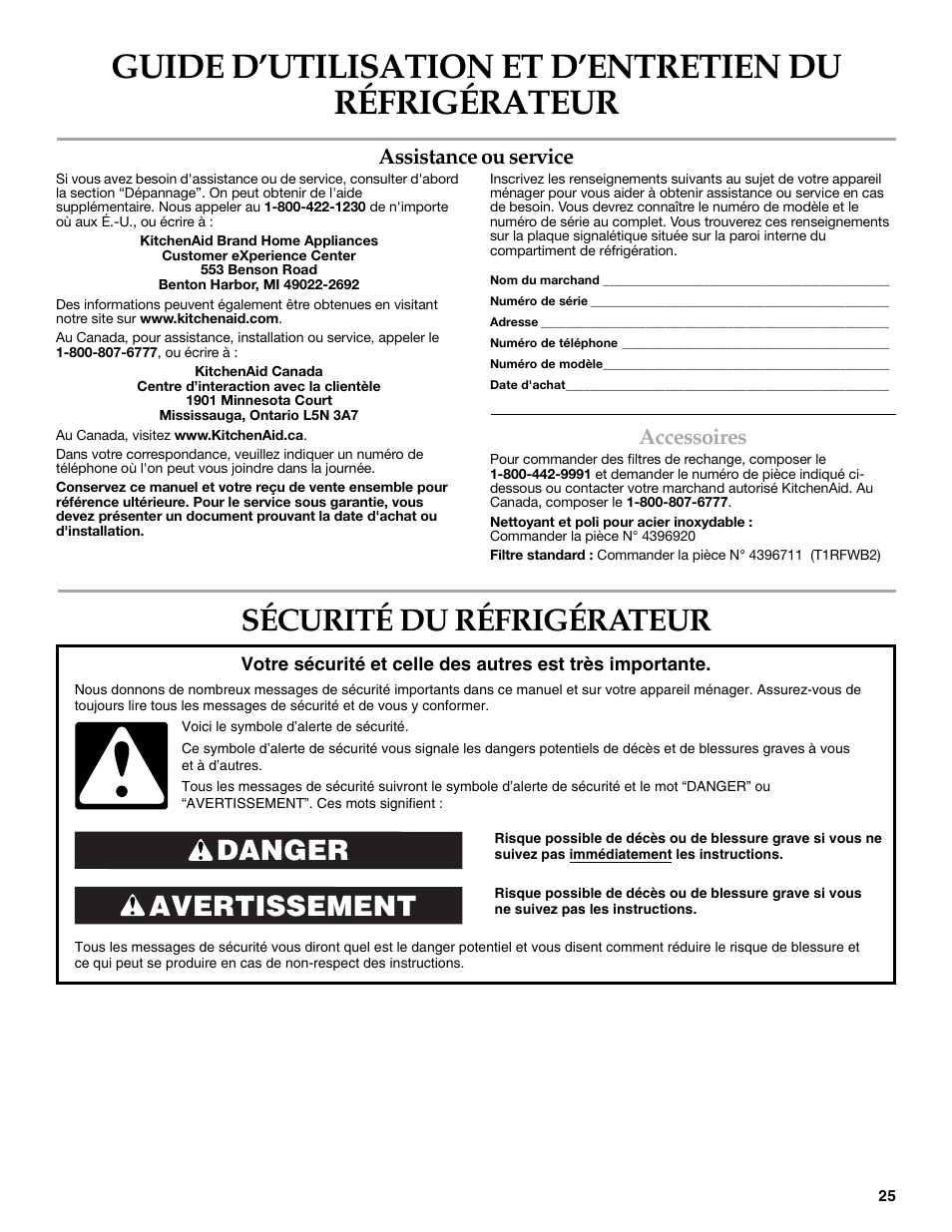 Sécurité du réfrigérateur, Avertissement danger, Assistance ou service | Accessoires | KITCHENAID COUNTER DEPTH SIDE BY SIDE REFRIGERATOR User Manual | Page 25 / 36