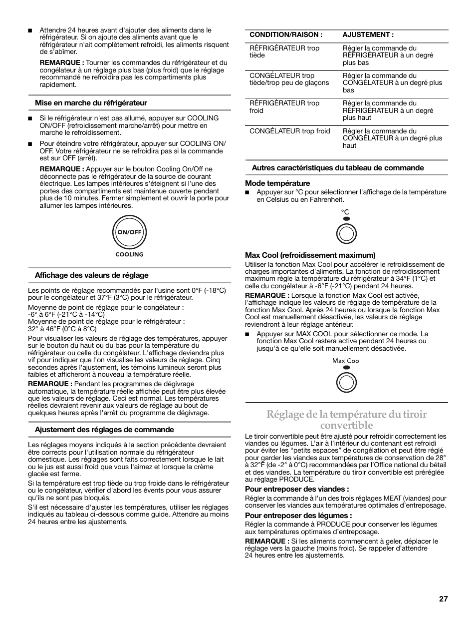 Réglage de la température du tiroir convertible | KITCHENAID COUNTER DEPTH SIDE BY SIDE REFRIGERATOR User Manual | Page 27 / 36