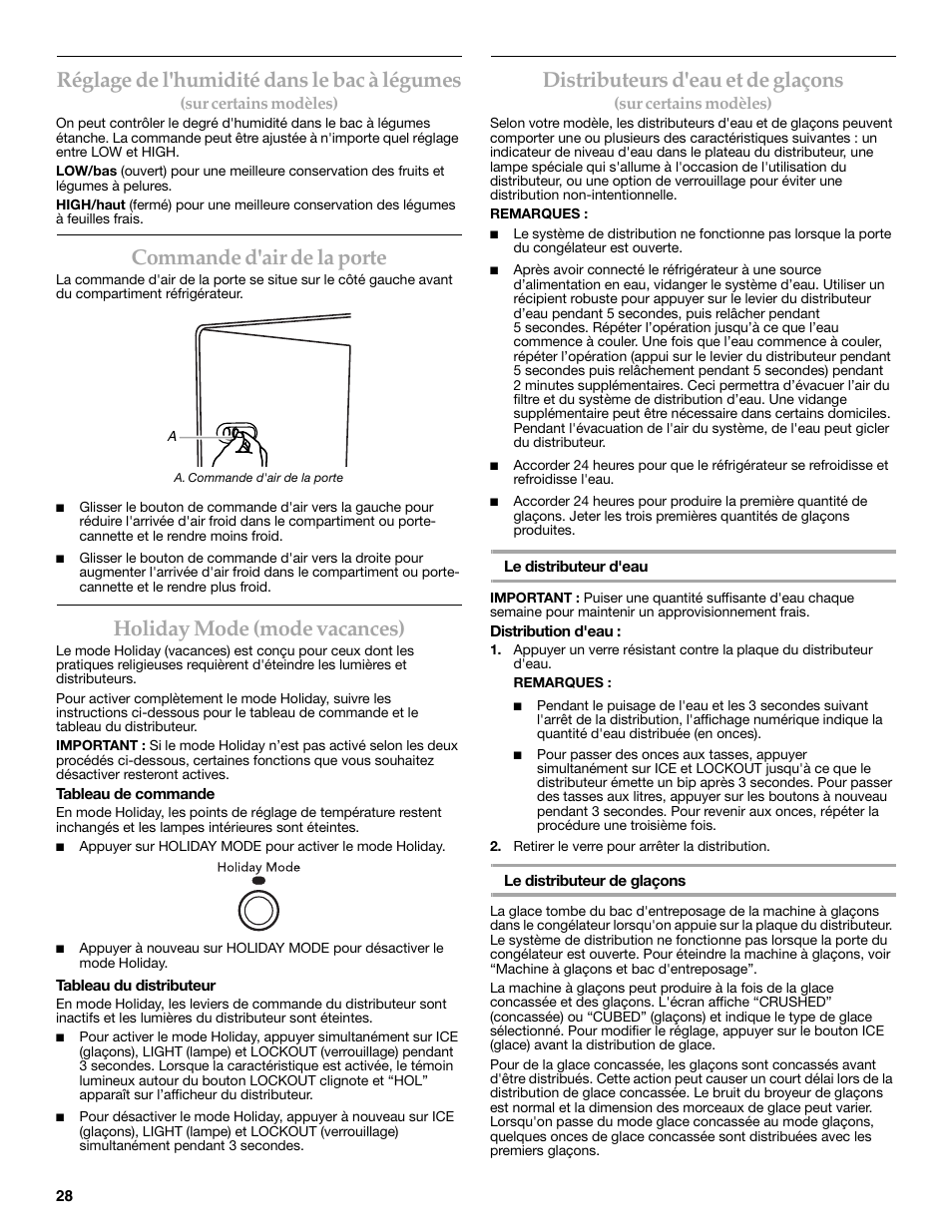 Réglage de l'humidité dans le bac à légumes, Commande d'air de la porte, Holiday mode (mode vacances) | Distributeurs d'eau et de glaçons | KITCHENAID COUNTER DEPTH SIDE BY SIDE REFRIGERATOR User Manual | Page 28 / 36