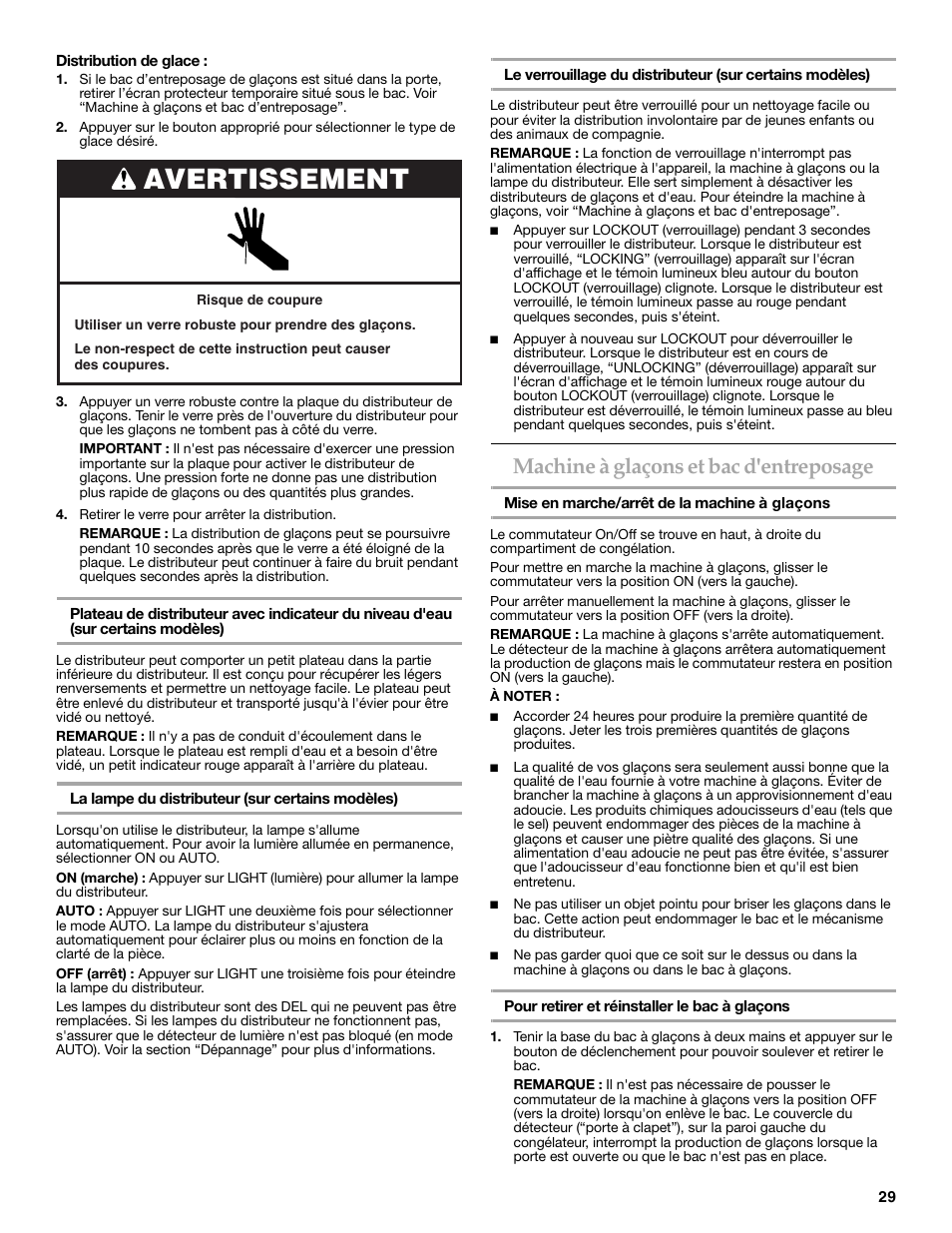 Avertissement, Machine à glaçons et bac d'entreposage | KITCHENAID COUNTER DEPTH SIDE BY SIDE REFRIGERATOR User Manual | Page 29 / 36